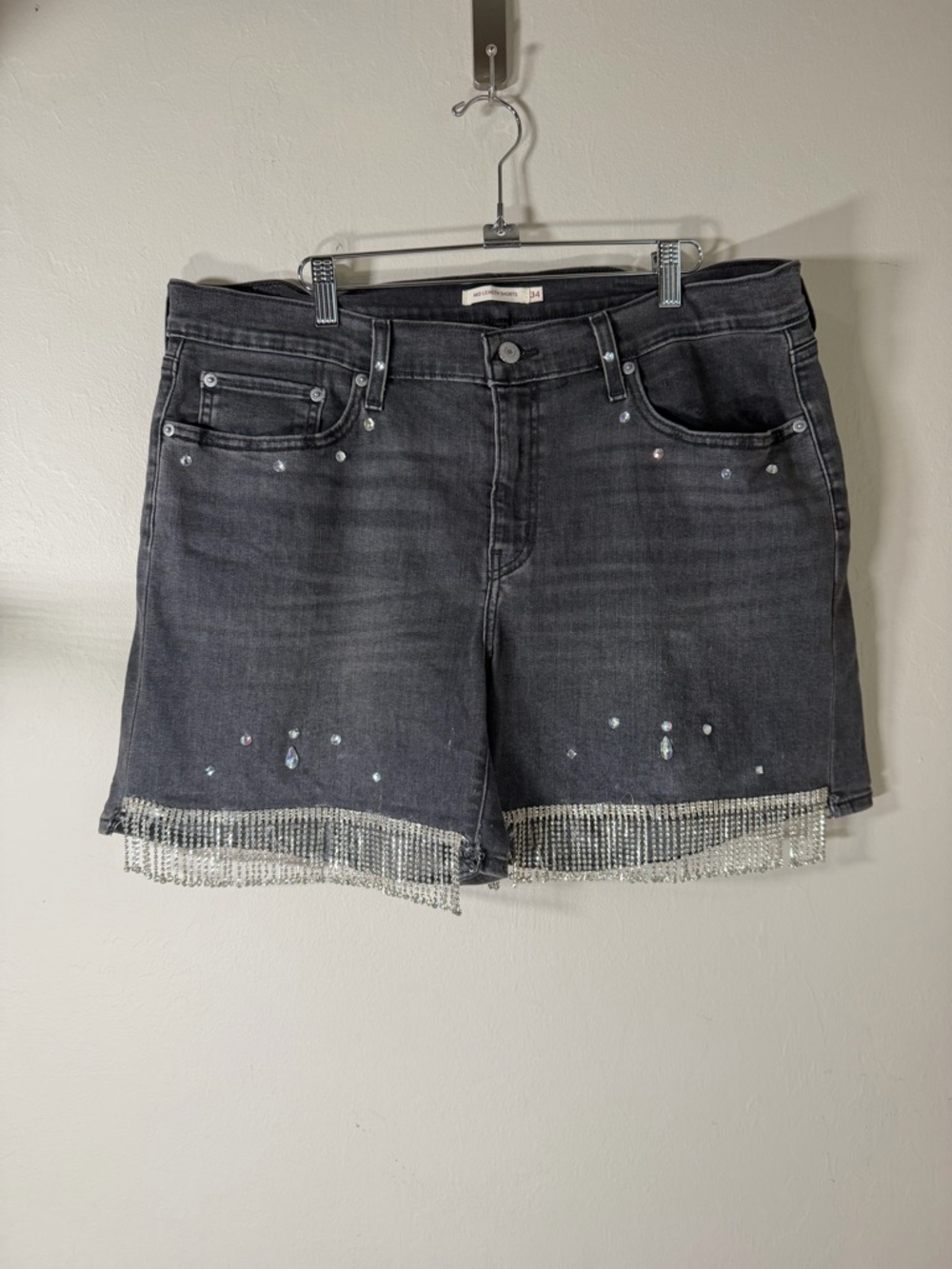 Embellished Black Denim Shorts with Rhinestone Fringe